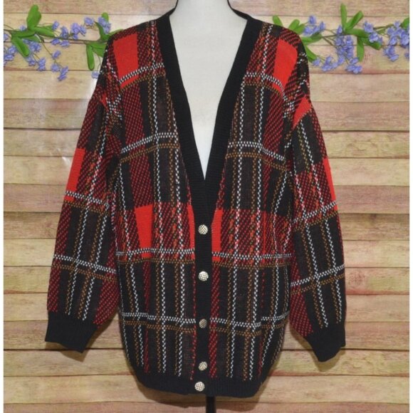 Vintage Southern Lady Womens Red Black Plaid Cardigan Sweater Plus Size 3X - Picture 1 of 9